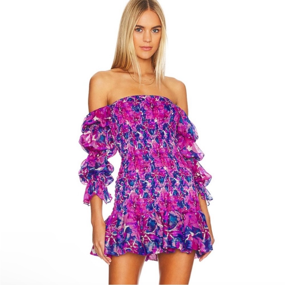 MISA
Noura Off-the-shoulder Smocked Mini Dress in watercolor blues